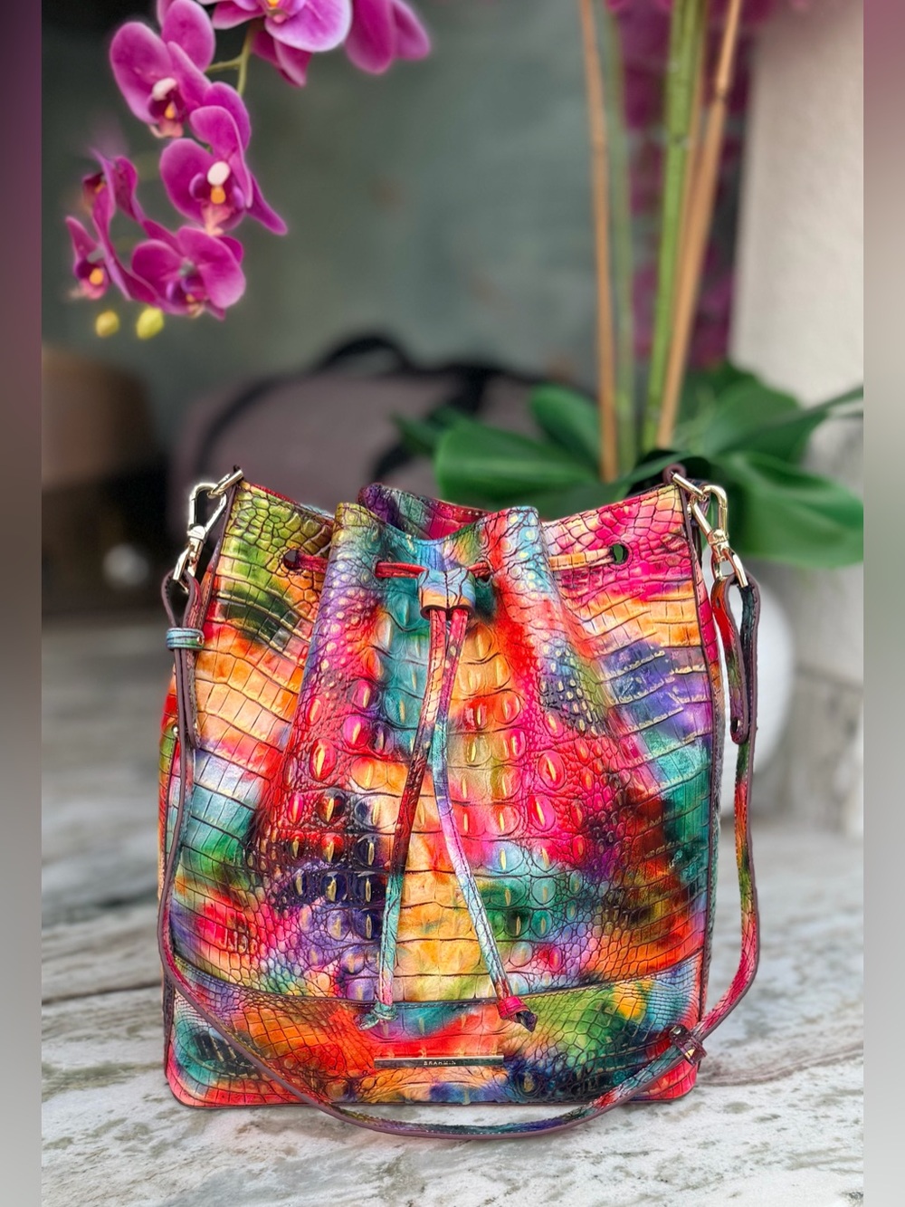 BRAHMIN Marlowe CrocEmbossed Leather BucketBag in Fallstruck Rainbow Colors NWOT - Picture 13 of 17
